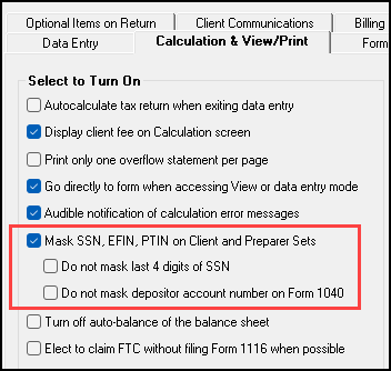 Image of "Mask SSN, EFIN, PTN..." under Setup > Options